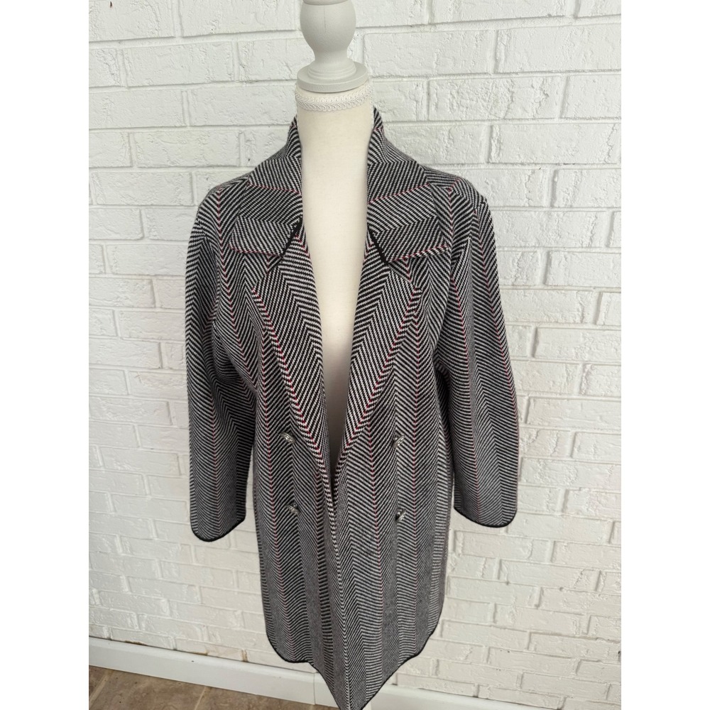 Anne‎ Klein Cardigan Coat Women Large Black White Excellent Chevron Knit Topper